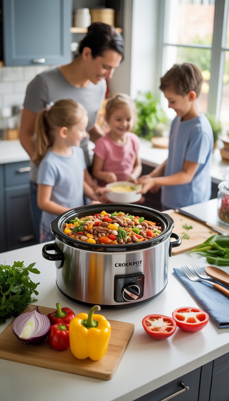 A crockpot filled with a colorful meal on a kitchen counter surrounded by fresh ingredients, with a family smiling and preparing food in the background.