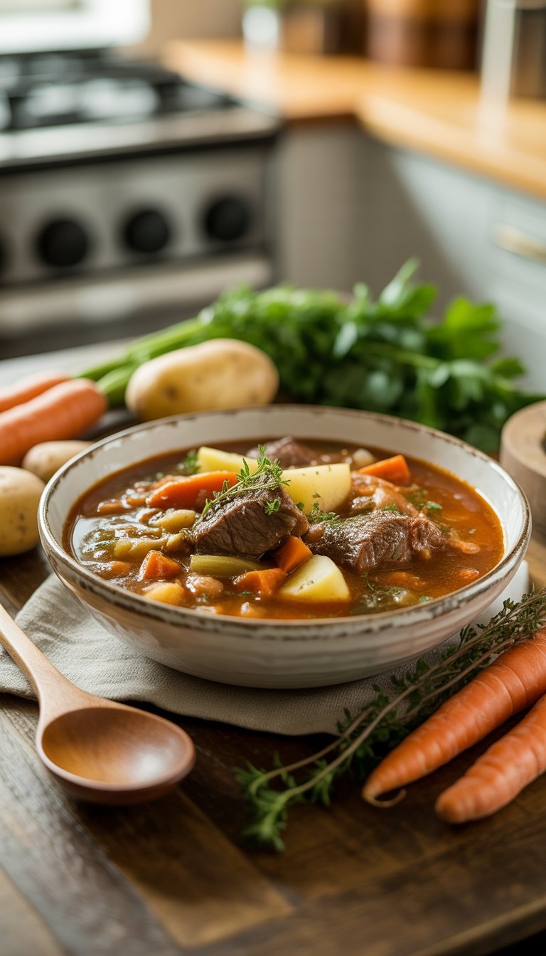 A bowl of classic beef stew with beef, carrots, and potatoes on a wooden table with fresh vegetables and herbs nearby.