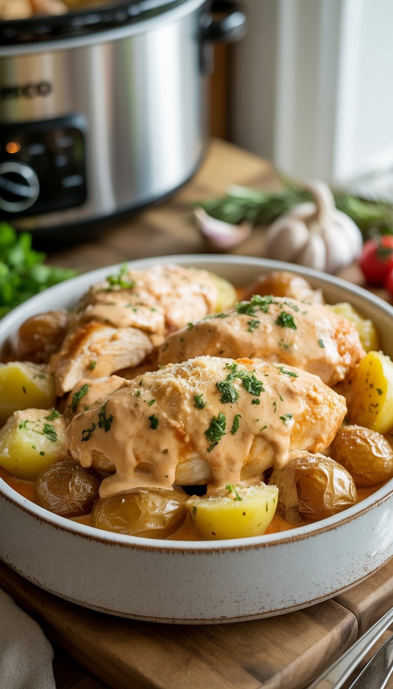 A bowl of creamy Italian chicken and roasted potatoes garnished with parsley and Parmesan on a wooden table with a crockpot and fresh ingredients in the background.