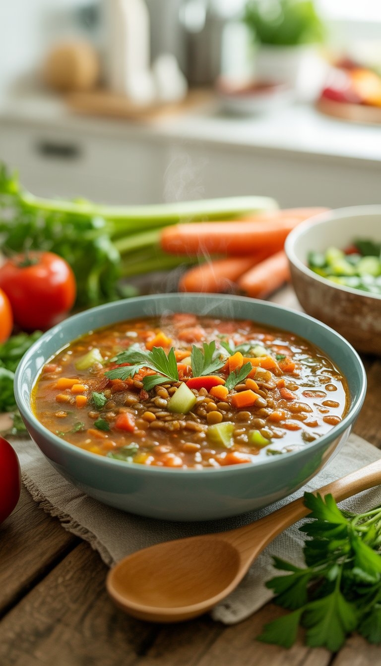 A steaming bowl of vegetarian lentil soup with fresh vegetables on a wooden table in a cozy kitchen setting.