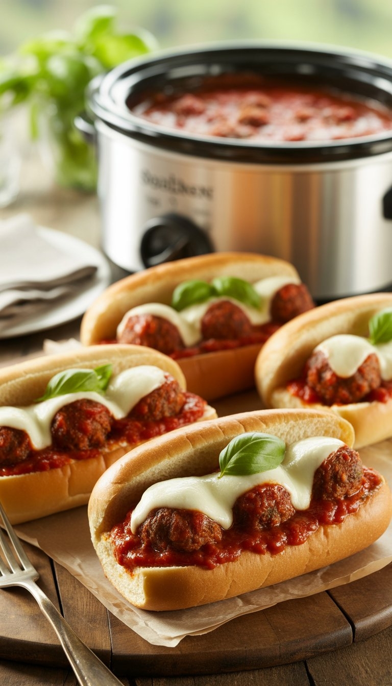 Close-up of meatball subs with tomato sauce and melted cheese on a wooden table, with a slow cooker in the background.