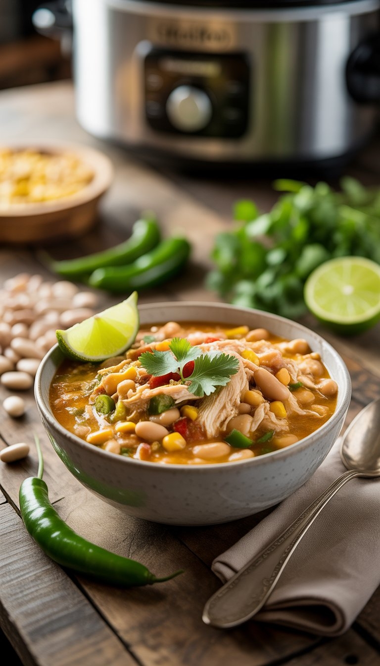 A bowl of white chicken chili with beans and cilantro on a wooden table next to fresh ingredients and a slow cooker in the background.