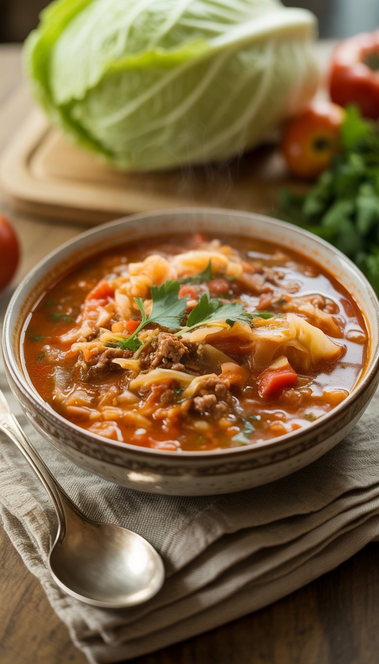 A bowl of steaming cabbage roll soup with fresh ingredients on a wooden table.