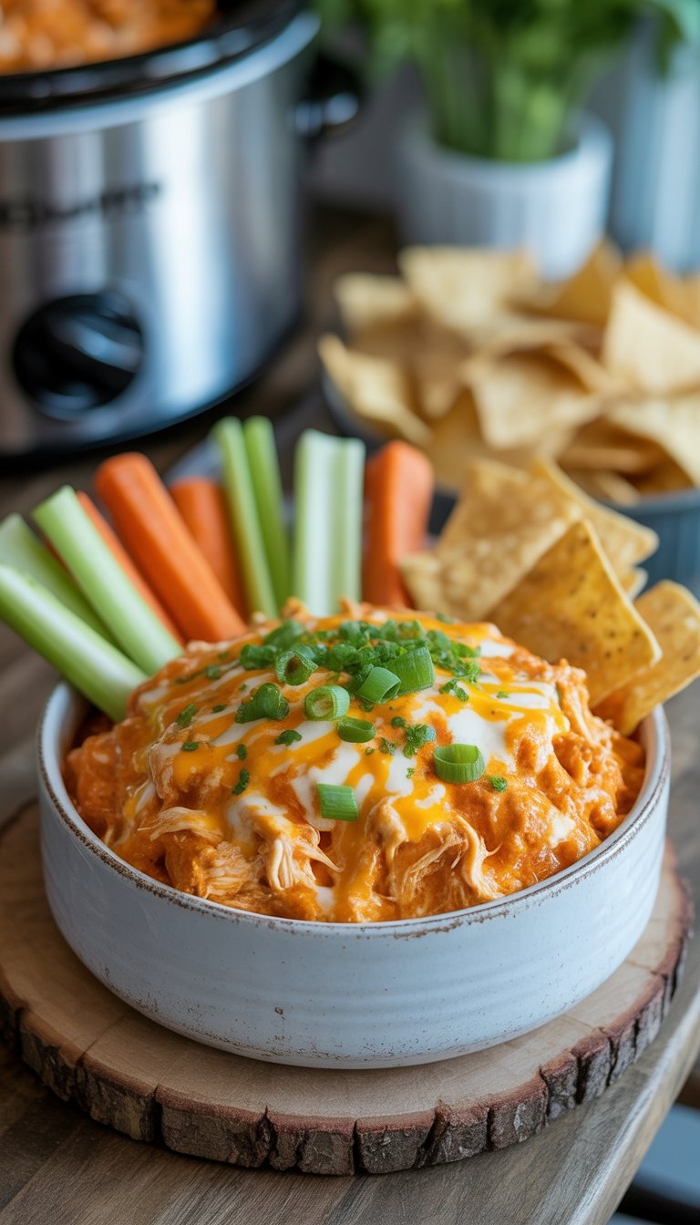 A bowl of buffalo chicken dip with melted cheese and green onions, surrounded by celery sticks, carrot sticks, and tortilla chips on a wooden table.