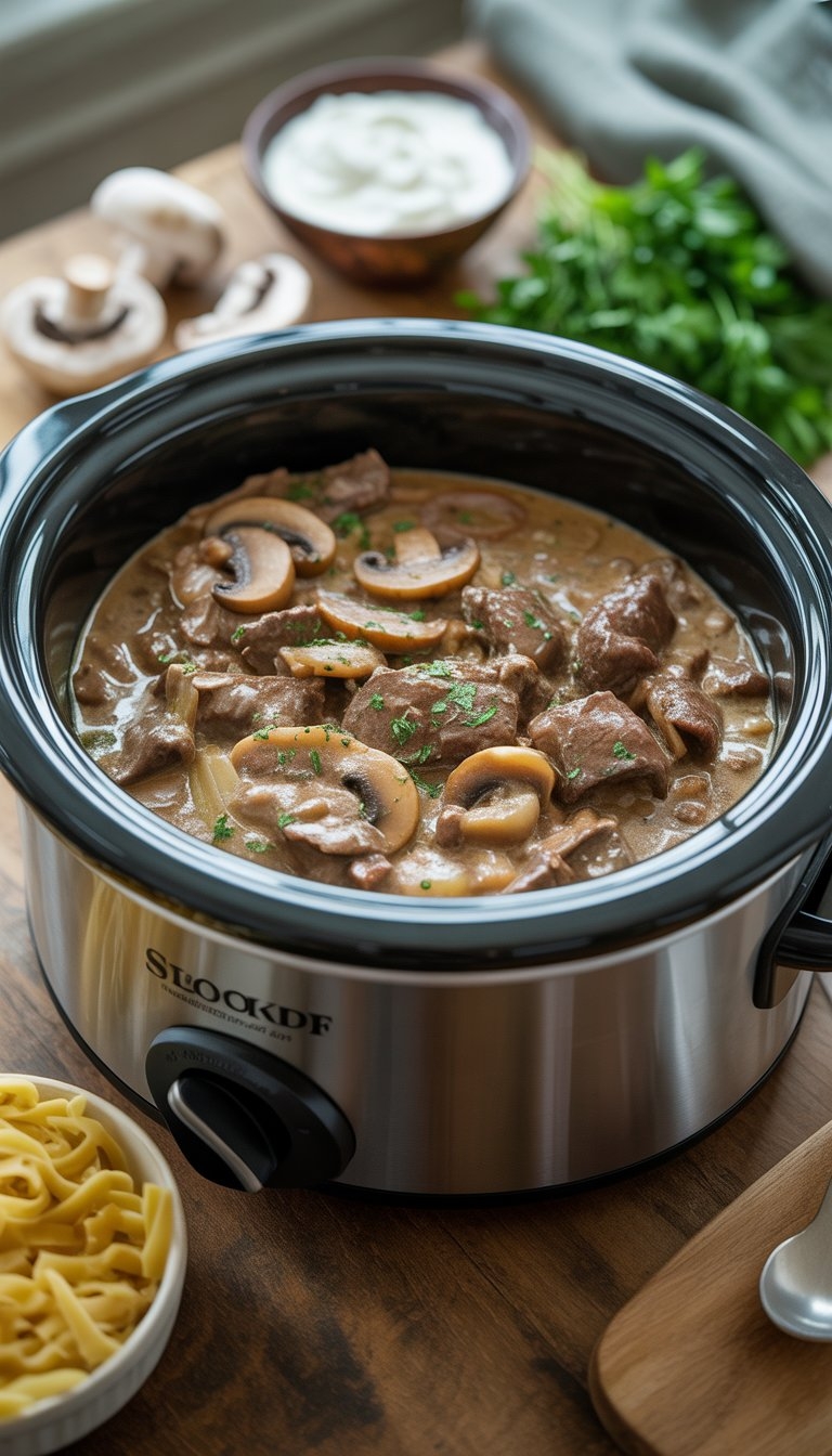 Slow cooker filled with creamy beef stroganoff garnished with parsley on a wooden kitchen table with fresh ingredients around it.