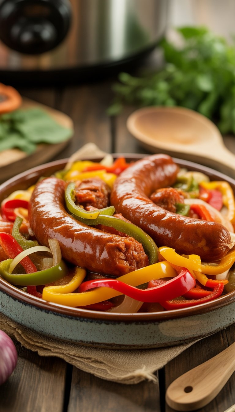 A bowl of cooked sausages with red, yellow, and green bell peppers on a wooden table with kitchen utensils nearby.