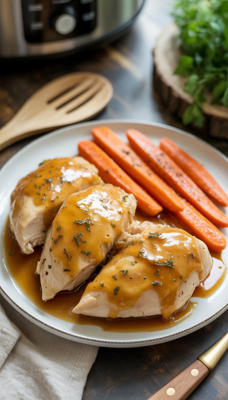 A plate with maple dijon glazed chicken and cooked carrots on a kitchen table.