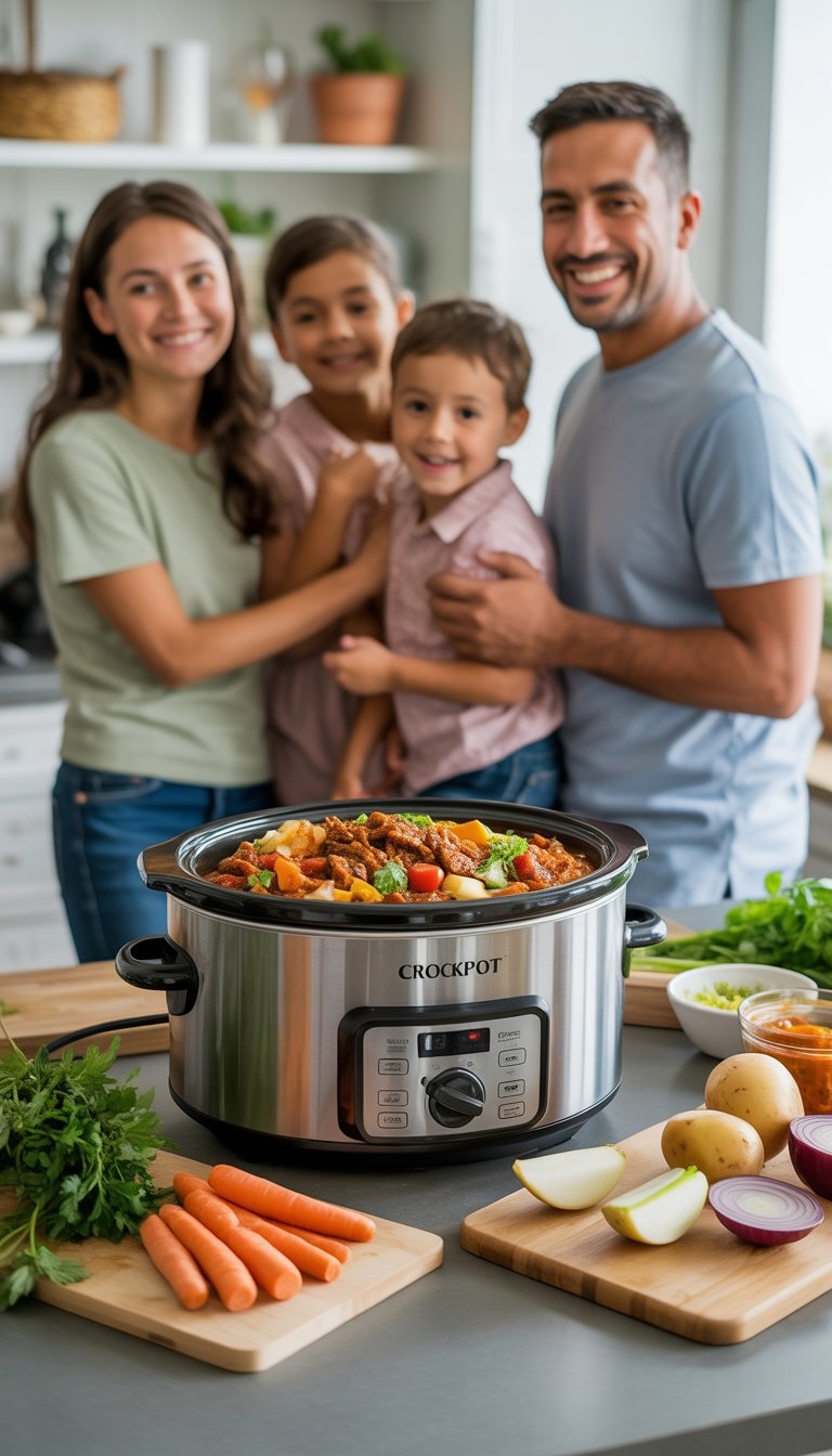 A modern kitchen with a crockpot filled with a colorful meal, fresh ingredients on the counter, and a happy family interacting in the background.