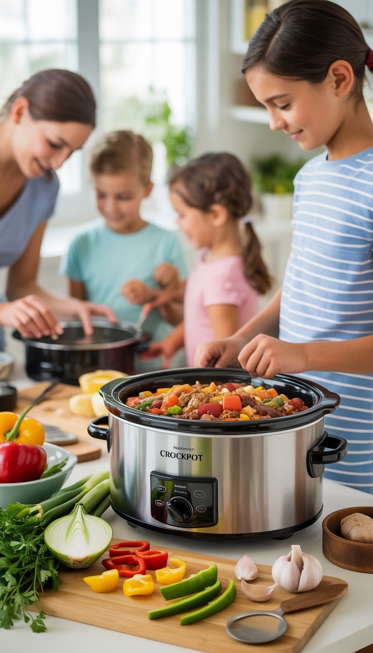 A modern kitchen with a crockpot cooking a colorful meal surrounded by fresh vegetables and a family preparing food together.