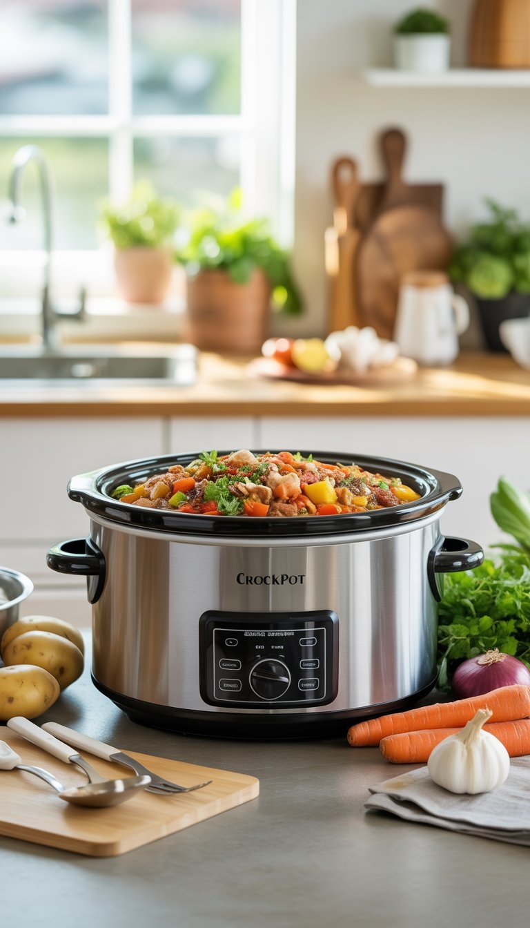 A crockpot filled with a colorful meal on a kitchen counter surrounded by fresh vegetables and cooking utensils.