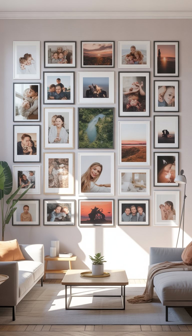 A living room with a large wall displaying 29 framed photos arranged in a balanced and organized pattern above a sofa.