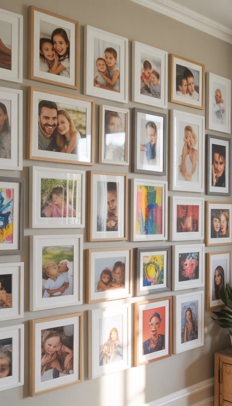 A living room wall displaying a large arrangement of framed family photos and colorful abstract paintings in various sizes.