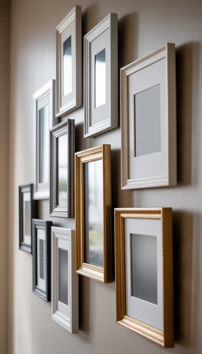 A wall with a cluster of picture frames of different sizes arranged together in an artistic display.