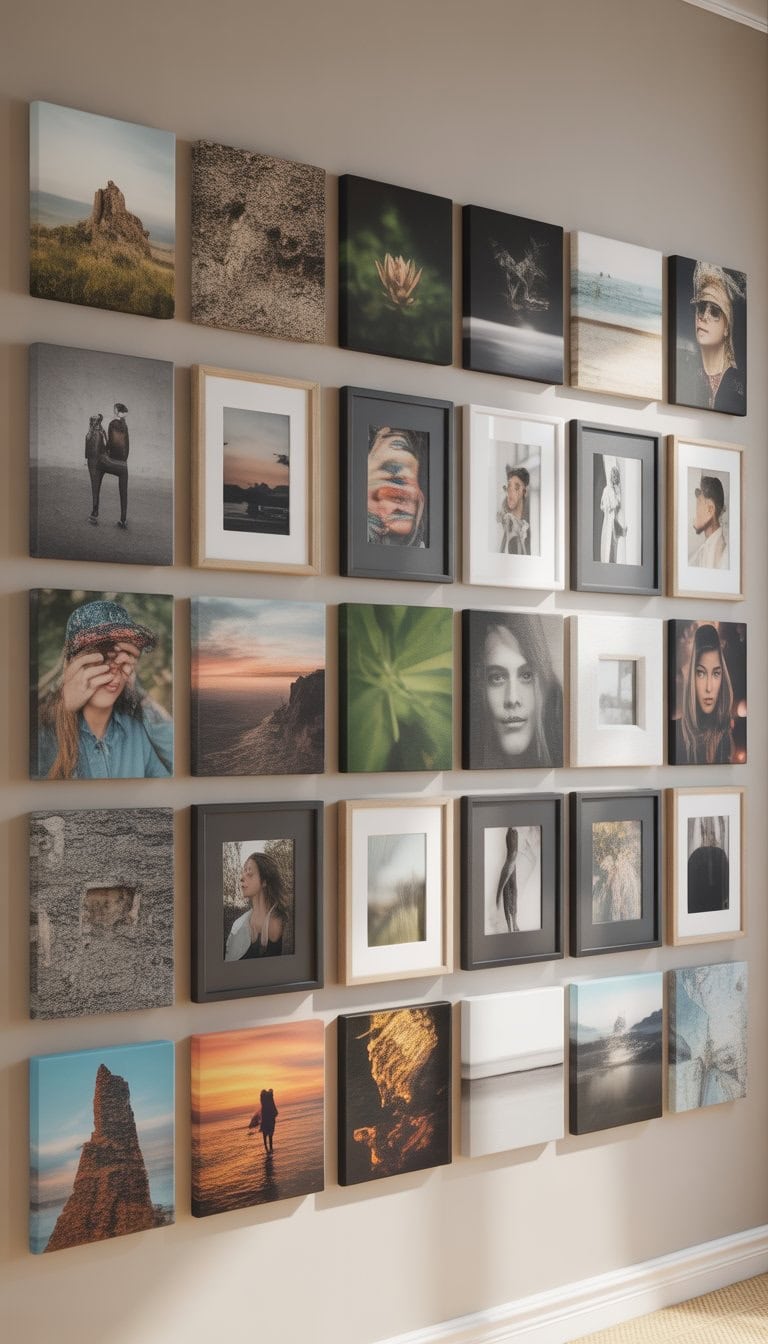 A wall displaying 29 photos arranged in a mix of canvas prints and framed prints in various sizes and styles.