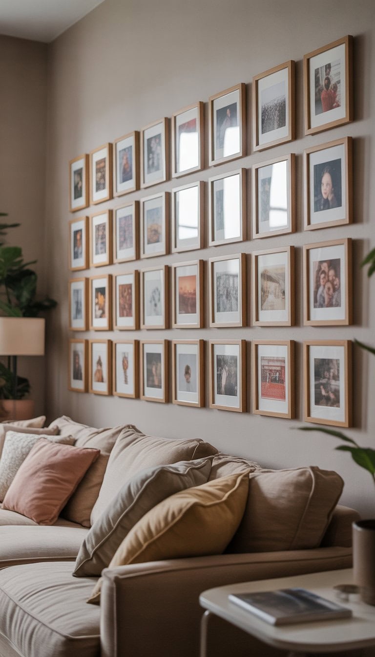 A cozy seating area with a sofa beneath a long line of framed pictures arranged on the wall above.