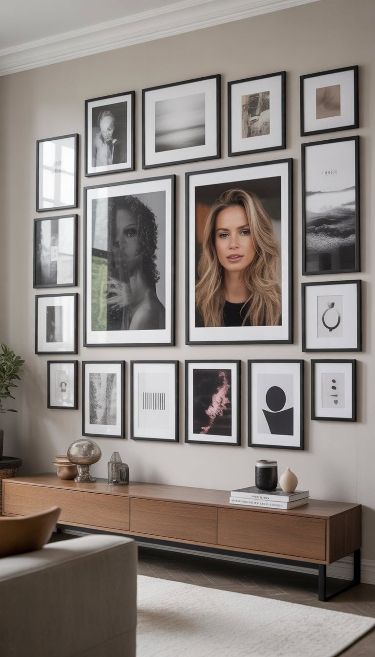 A living room wall with two large framed pictures surrounded by many smaller framed photos and artworks arranged in a gallery style above a wooden console table.