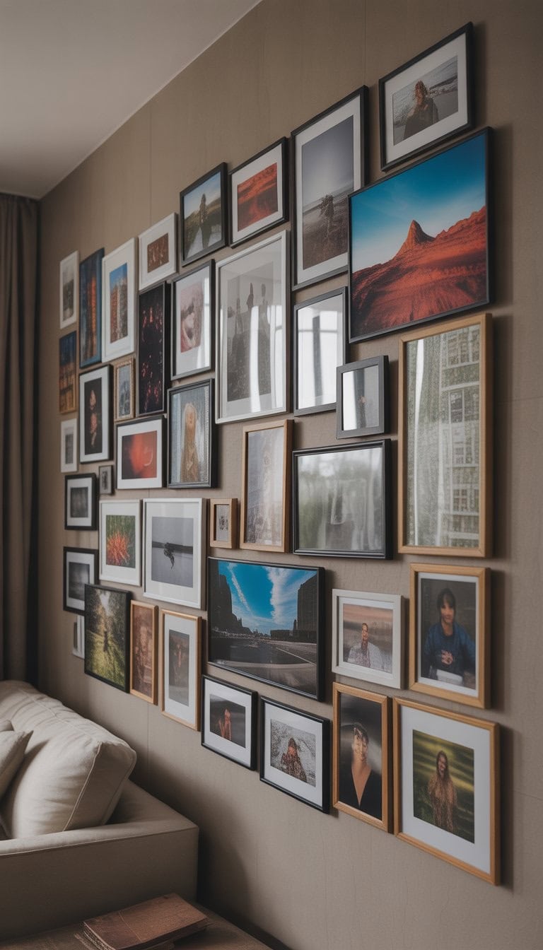 A wall decorated with a variety of photo frames in portrait and landscape orientations arranged in a balanced pattern.