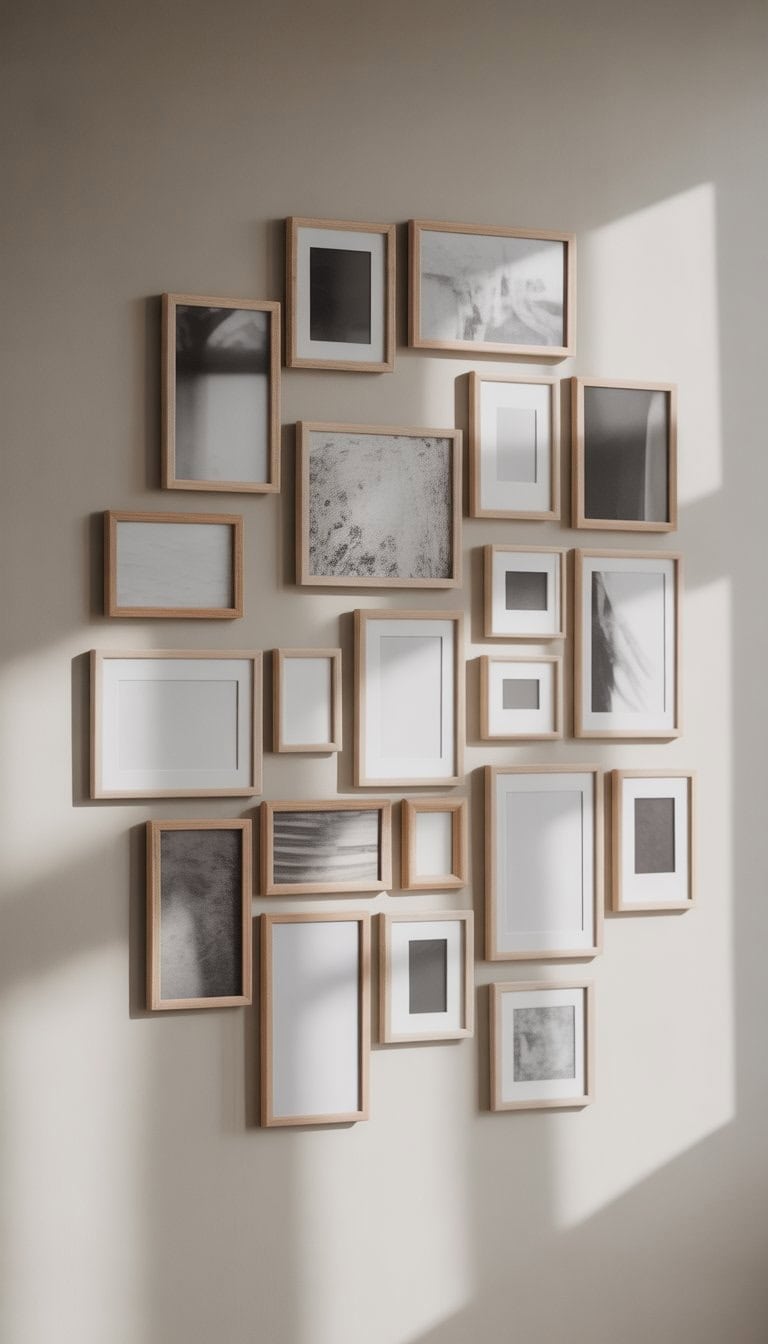 A wall with a mixed grid of photo frames arranged in a balanced pattern combining symmetry and movement.