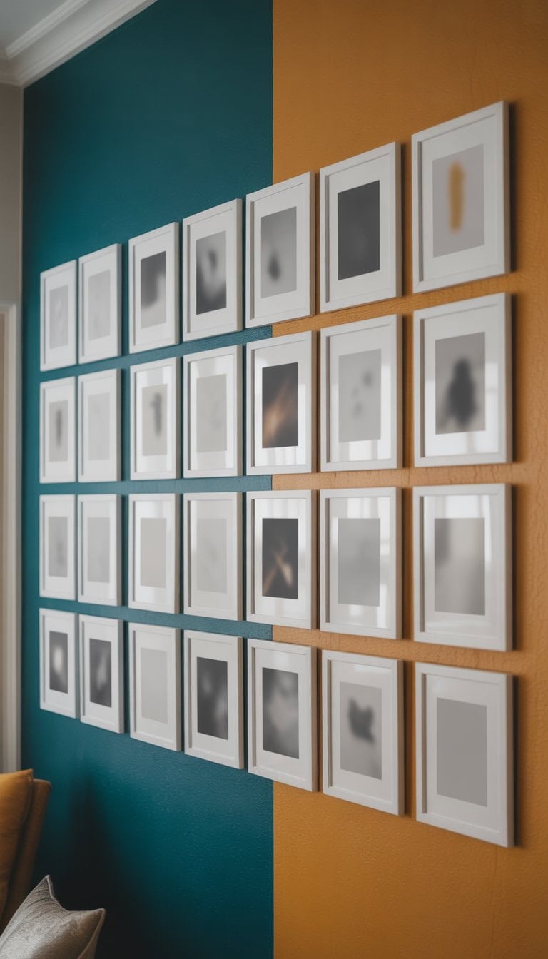 A colored wall with 29 white picture frames arranged in a neat grid pattern.
