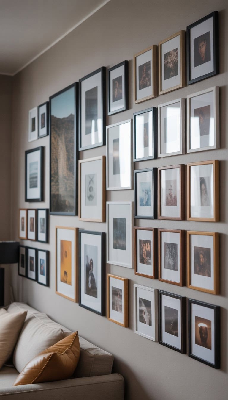 A wall with multiple framed pictures arranged in groups by similar colors, creating a harmonious photo display in a modern room.