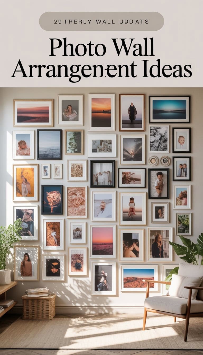 A modern room with a large wall displaying 29 framed photos arranged in a creative gallery layout.