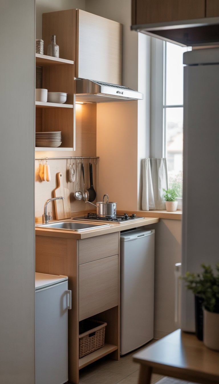 A small kitchen with compact cabinetry, a countertop, stove, and window letting in natural light, arranged efficiently for limited space.