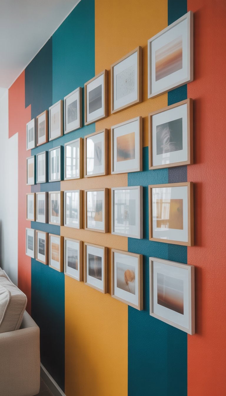 A colorful wall with 29 minimalist photo frames arranged in a neat grid pattern.