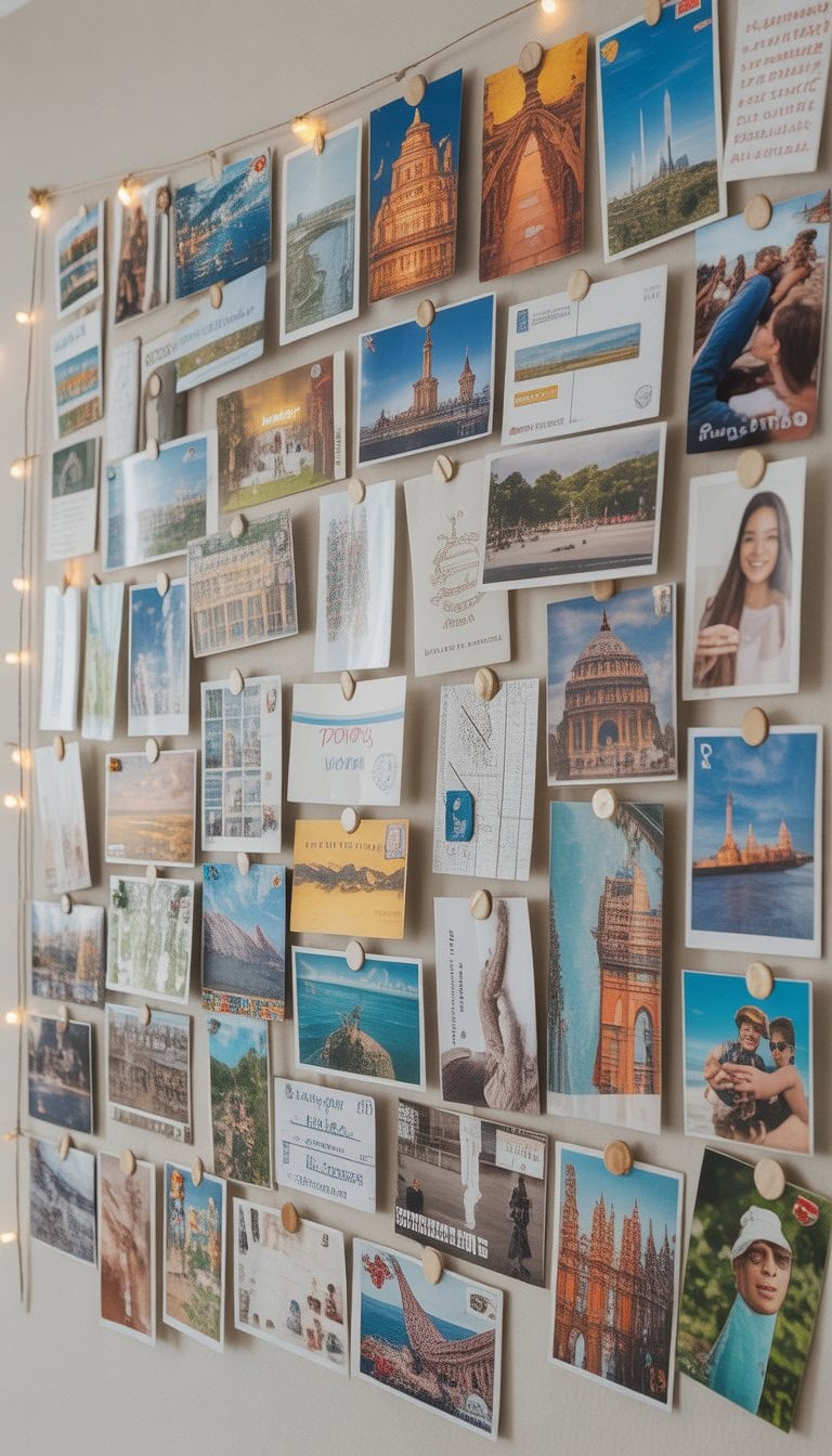 A wall decorated with a collage of postcards and photos arranged neatly, showcasing travel memories and scenic views.