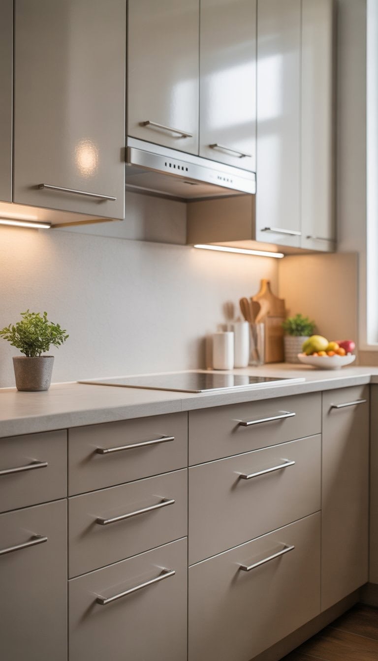 A small kitchen with modern cabinets featuring stainless-steel handles, a clean countertop, and natural lighting.