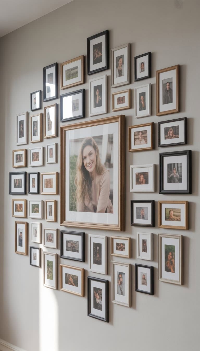 A wall with a large central framed photo surrounded by 29 smaller framed photos arranged evenly around it.