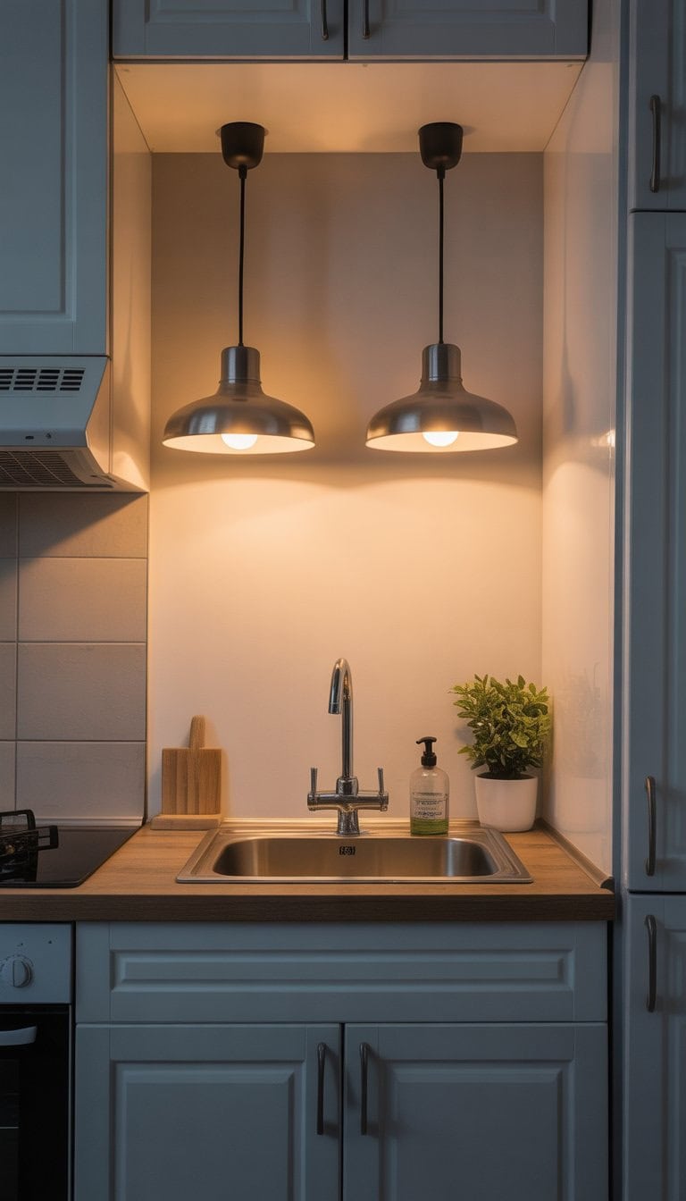 Small kitchen sink area with two pendant lamps hanging above, compact cabinets, and a clean countertop.