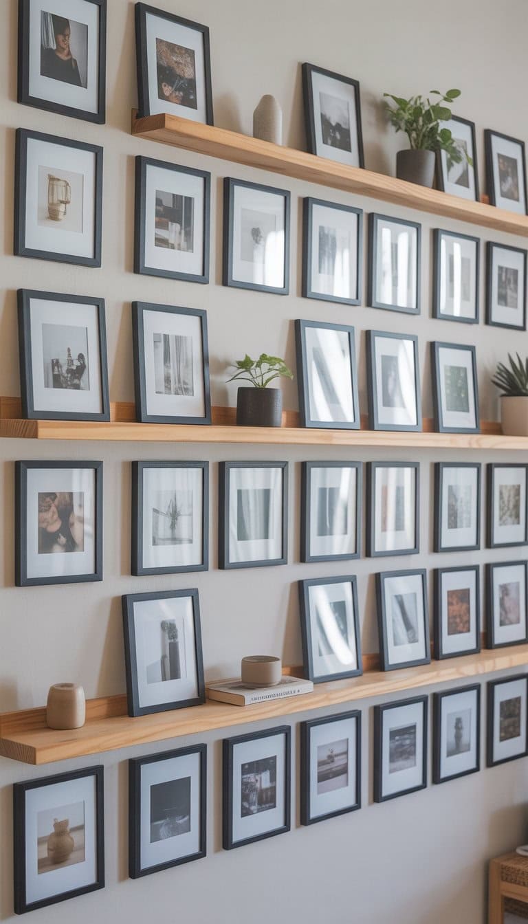 A wall with 29 black picture frames arranged around wooden shelves holding small decorative items.