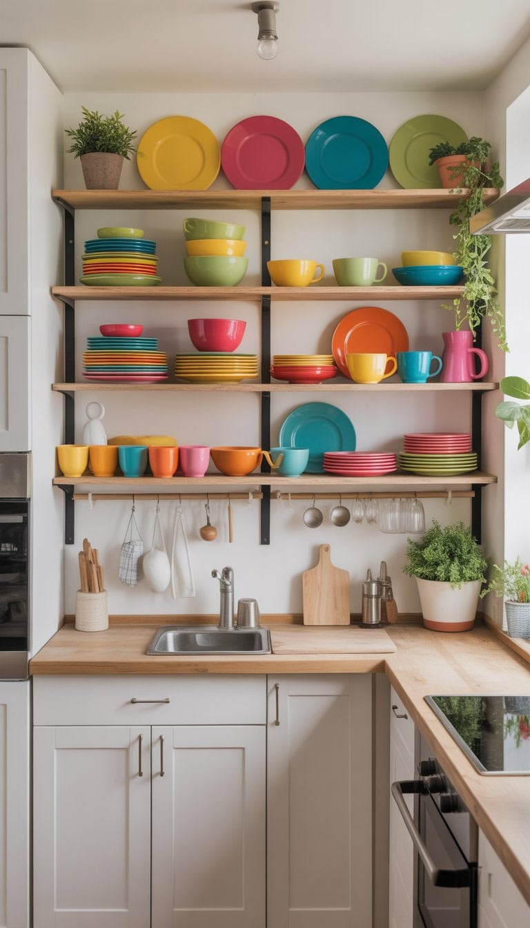 A small kitchen with open wooden shelves displaying colorful plates, bowls, and cups, with bright natural light and simple decor.