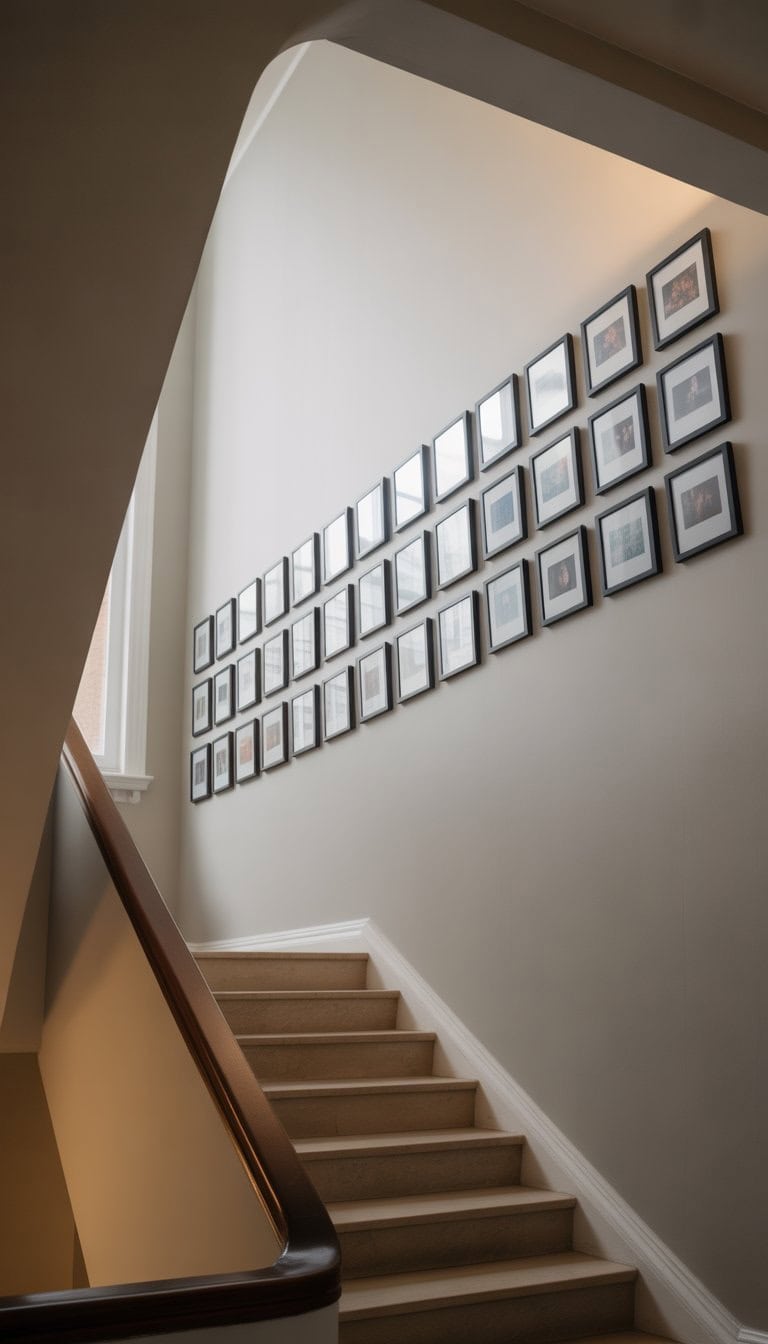 A stairwell with a linear arrangement of 29 framed photos hung along the wall following the stairs.