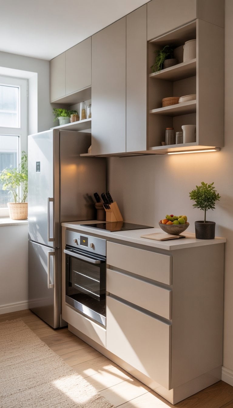 A small kitchen with compact appliances, clean countertops, and natural light coming through a window.