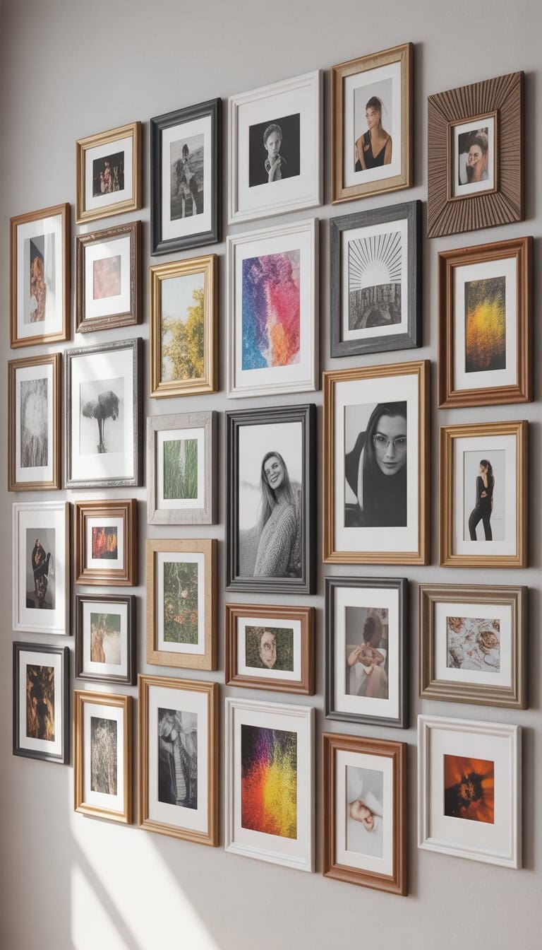 A wall with 29 framed photos arranged in various sizes and shapes, displayed in an eclectic and artistic layout.