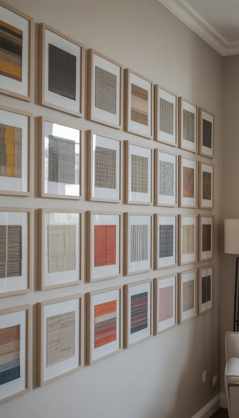 A wall with 29 framed fabric art and textile pieces arranged in a grid pattern.