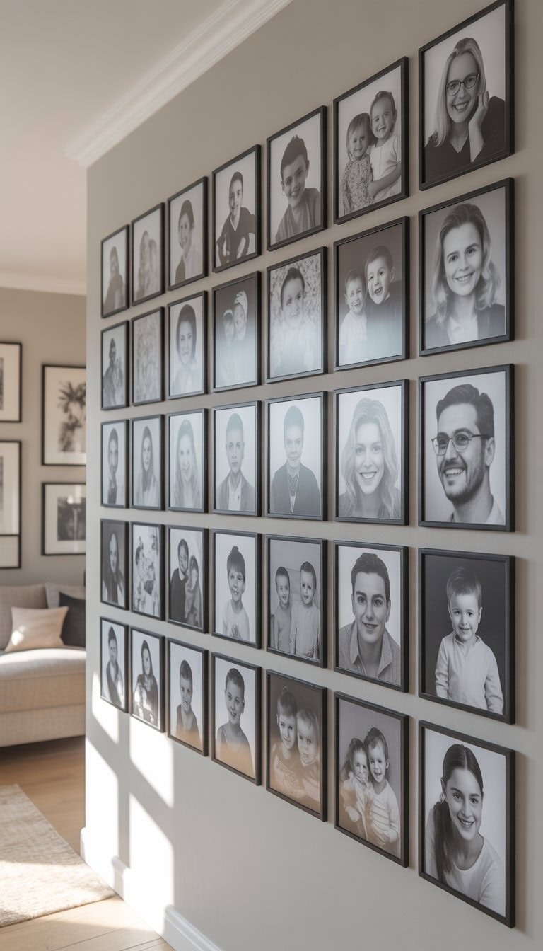 A wall filled with 29 black-and-white family portraits arranged in a balanced grid in a bright room.