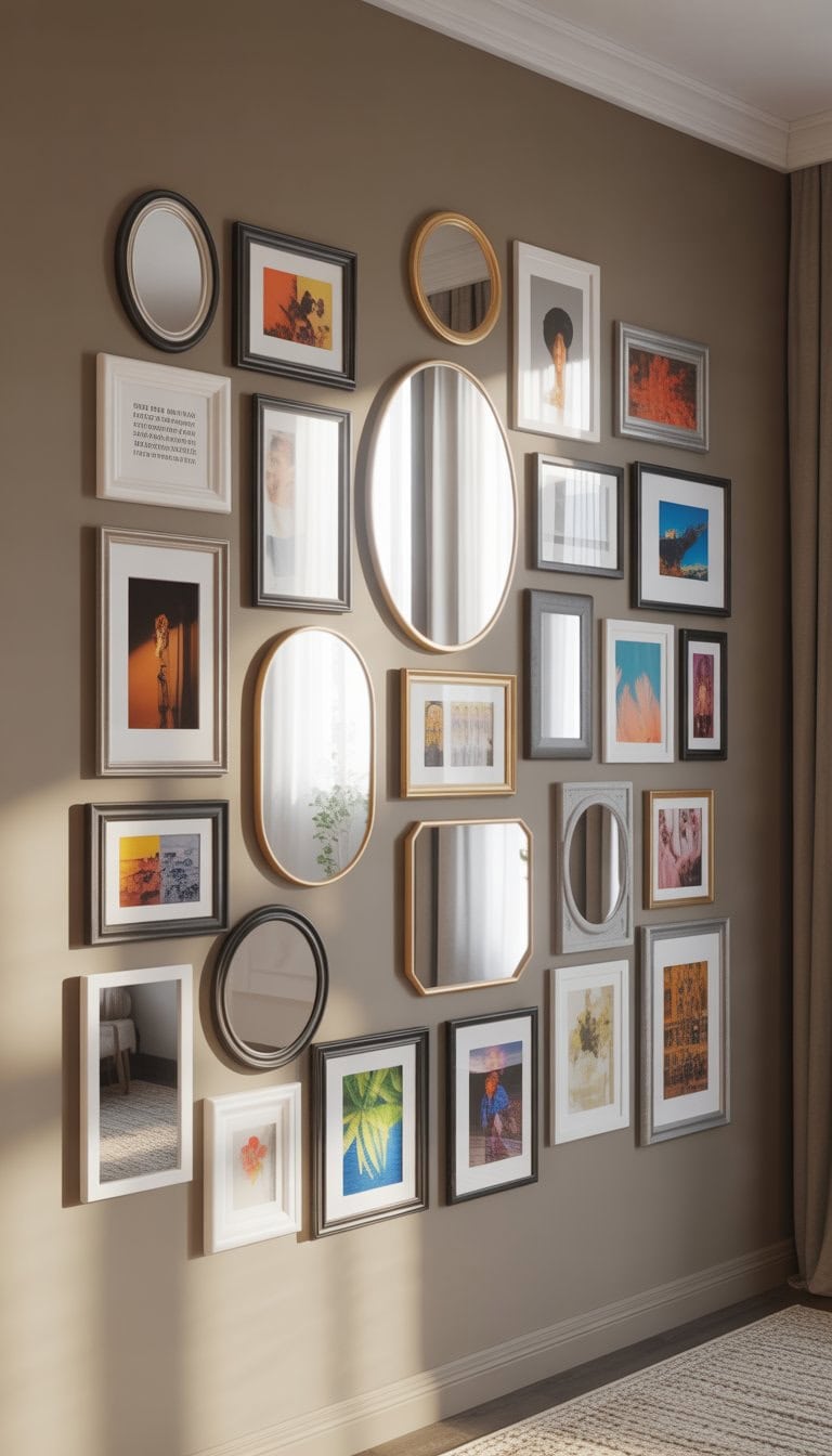 A wall with 29 framed pictures and mirrors arranged to reflect light and create depth in a bright room.