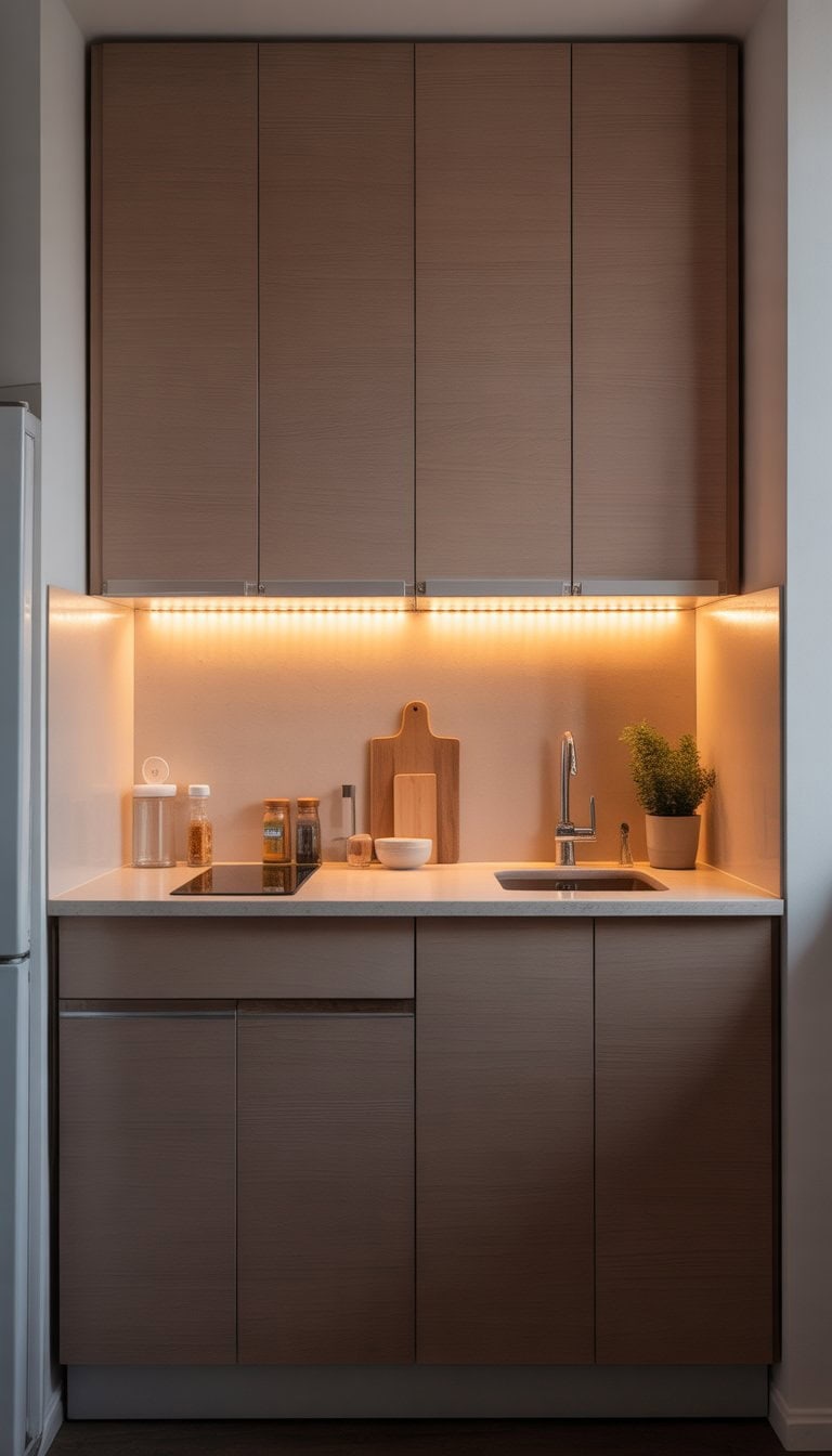 A small kitchen with under-cabinet LED strip lights illuminating the countertop beneath wooden cabinets, showing a clean and organized cooking space.