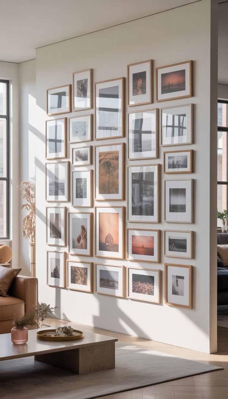 A living room with a large photo wall displaying 29 framed pictures arranged neatly on a white wall above a sofa.