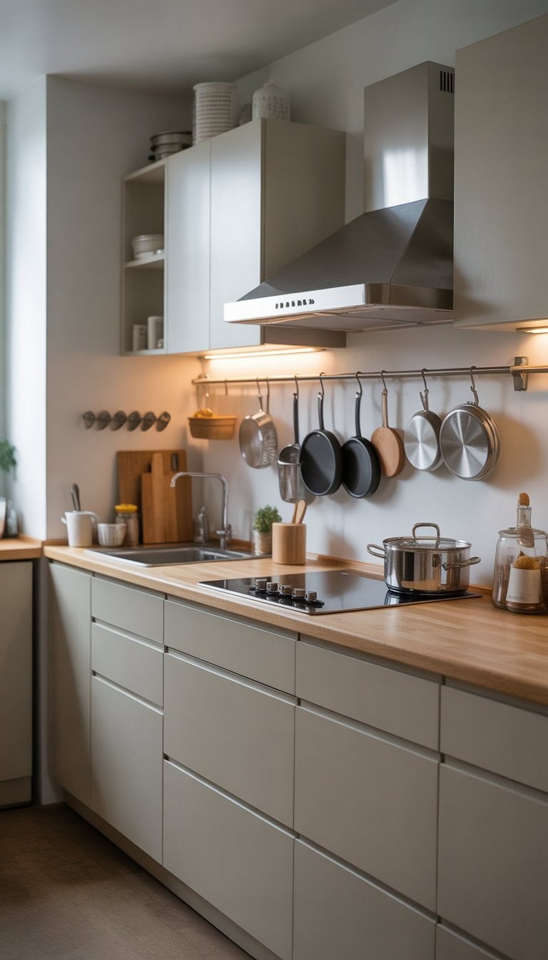 A small kitchen with clear countertops and pots hanging neatly on a wall rack above them.