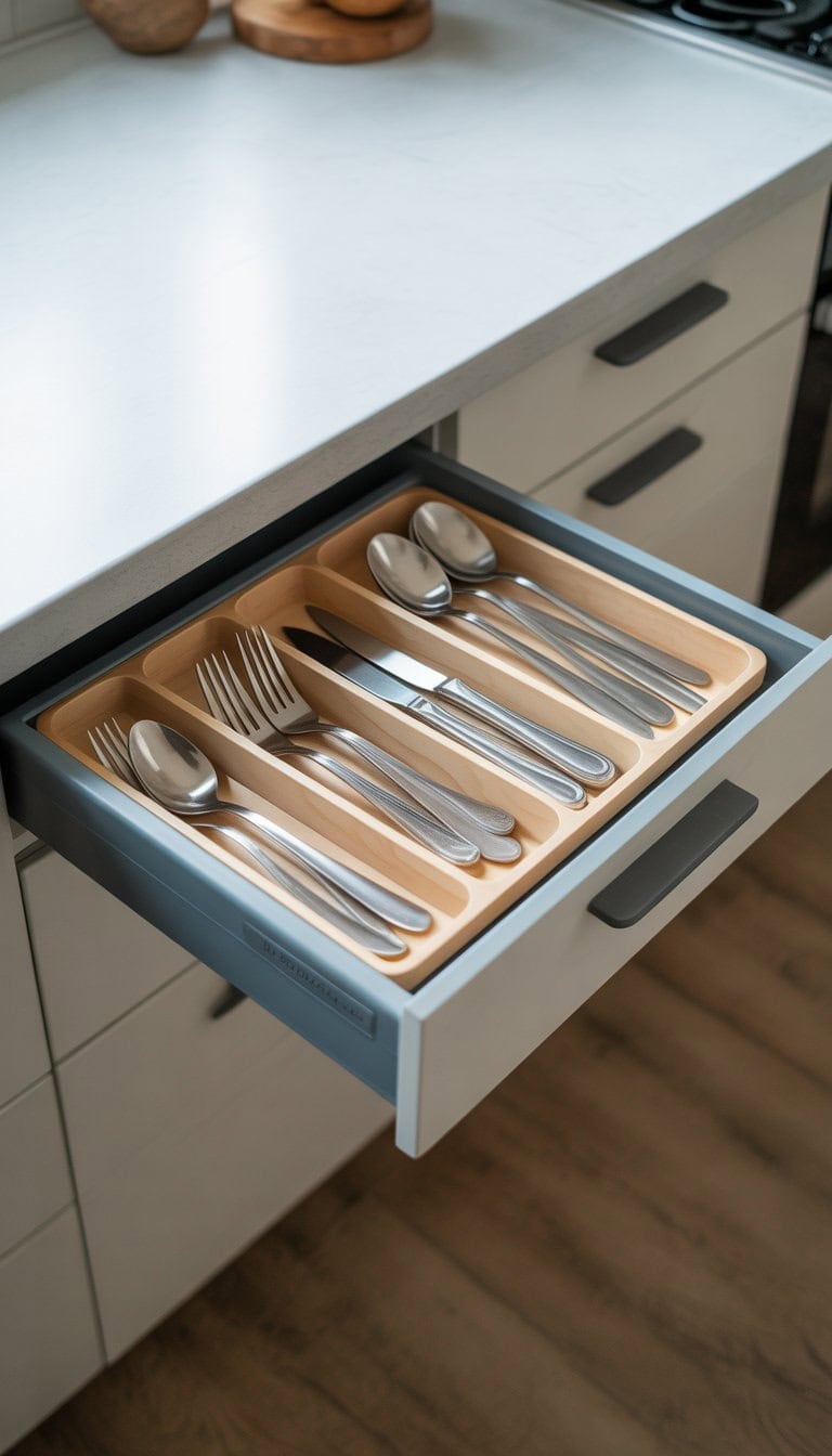 A small kitchen drawer organized with dividers separating different utensils like forks, knives, and spoons.