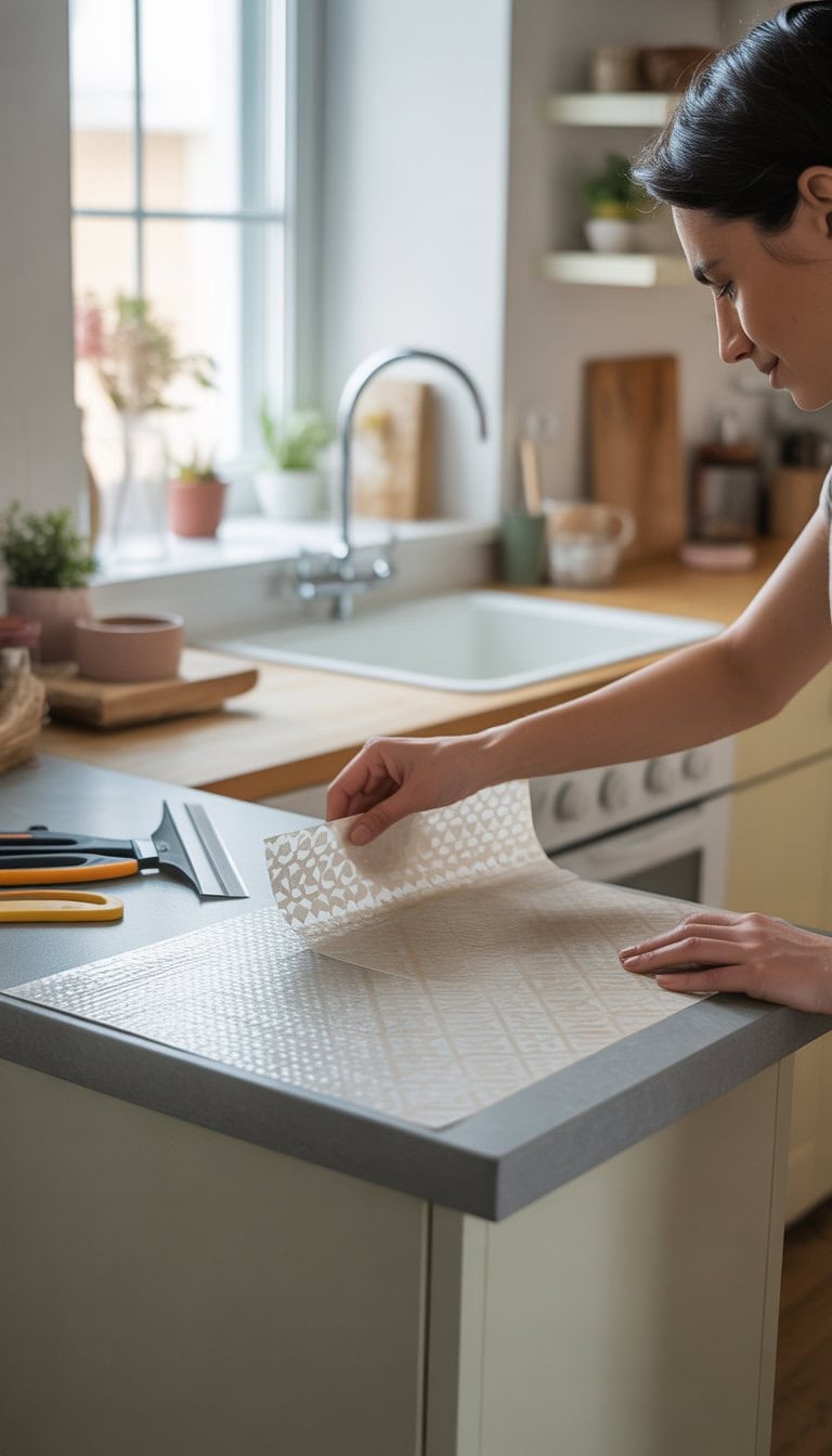 A person applying contact paper to a small kitchen countertop in a bright, organized kitchen.
