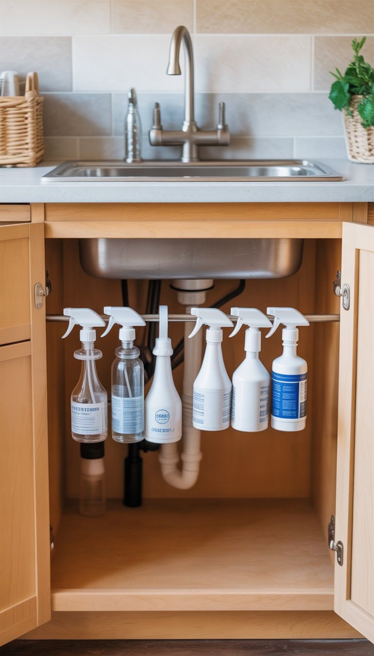 Open kitchen cabinet under sink with a tension rod holding spray bottles.