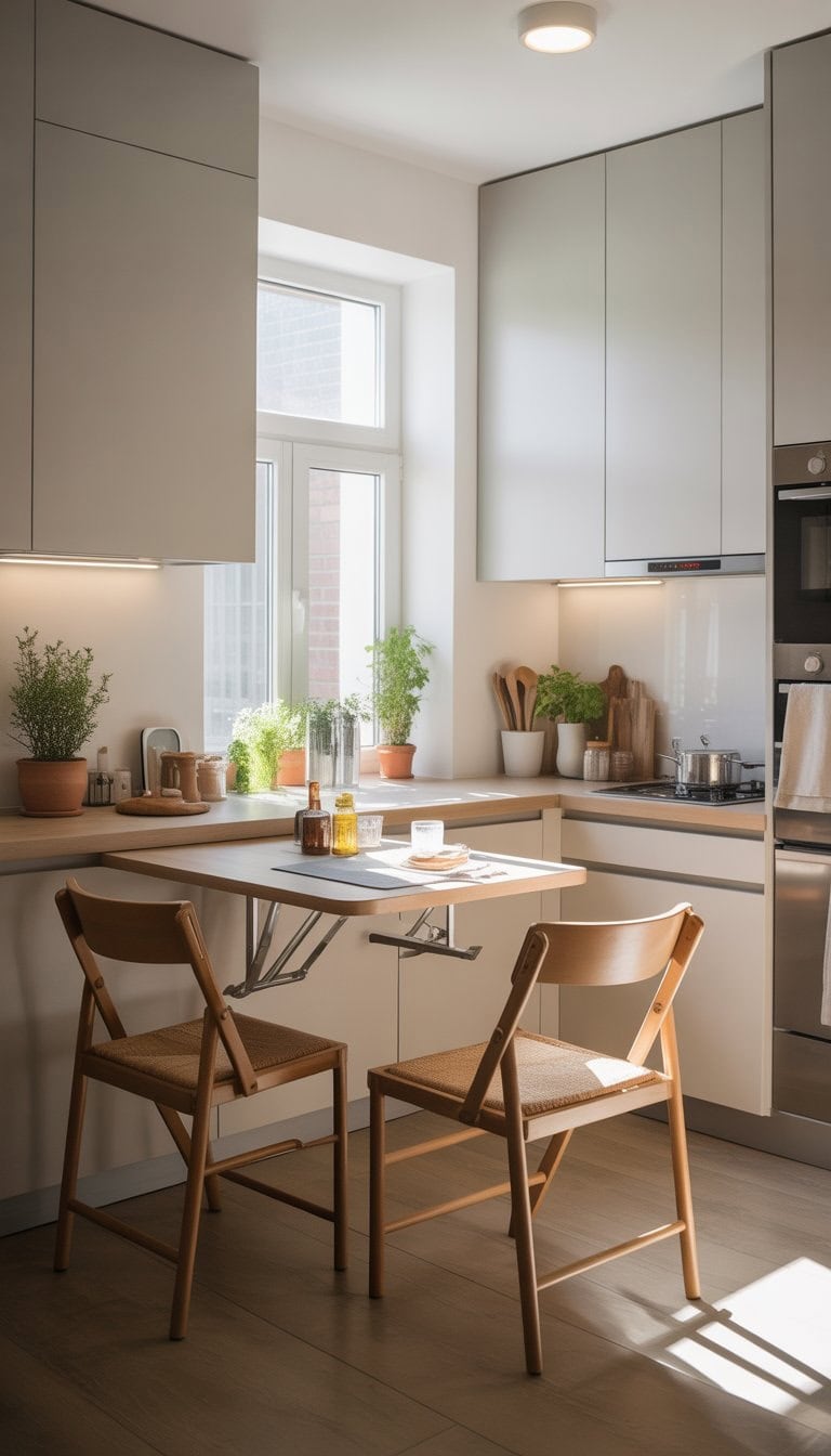 A small kitchen with a fold-down wall-mounted table used for dining and food preparation, with chairs, cabinets, and kitchen items arranged neatly.