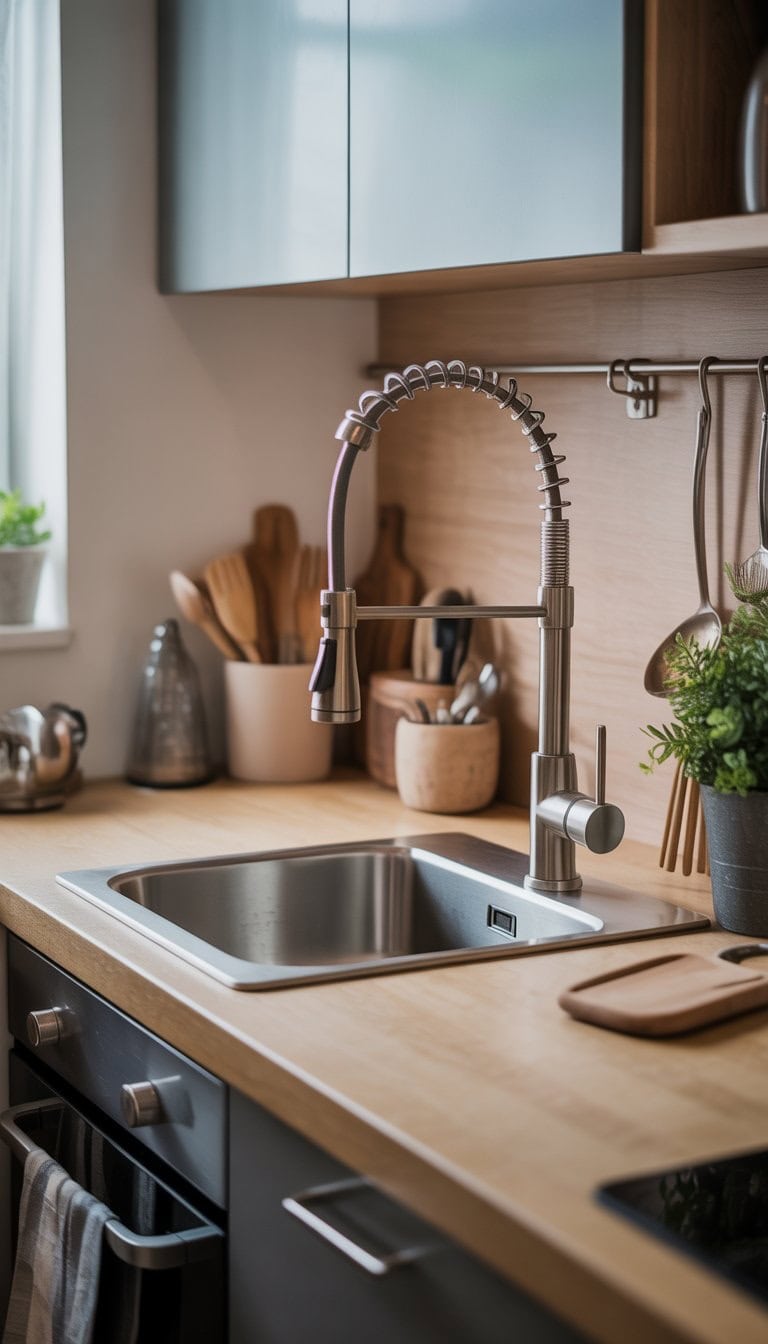 A small kitchen with a high-arc pull-down sprayer faucet installed on the sink, featuring light countertops and cabinets, a small window, and minimal decor.