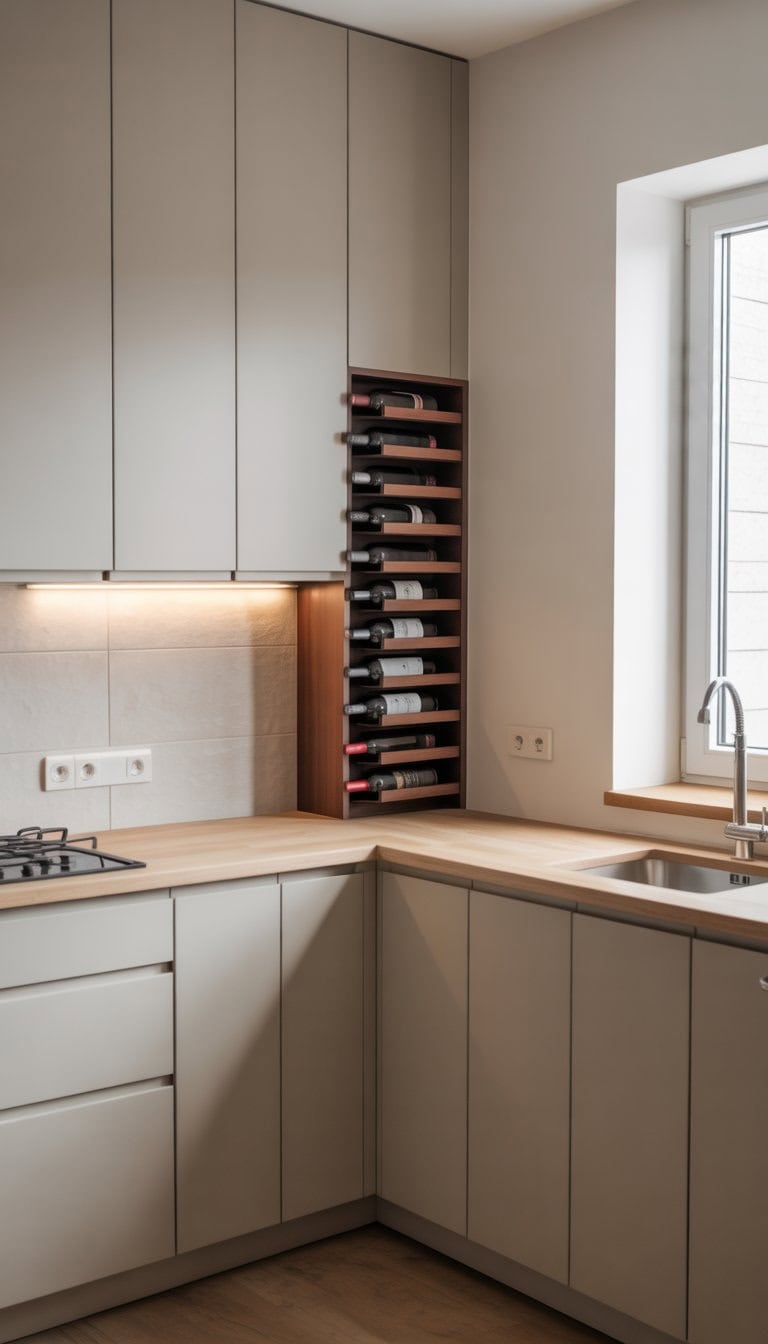 A small kitchen corner with a slim vertical wine rack holding several bottles of wine.
