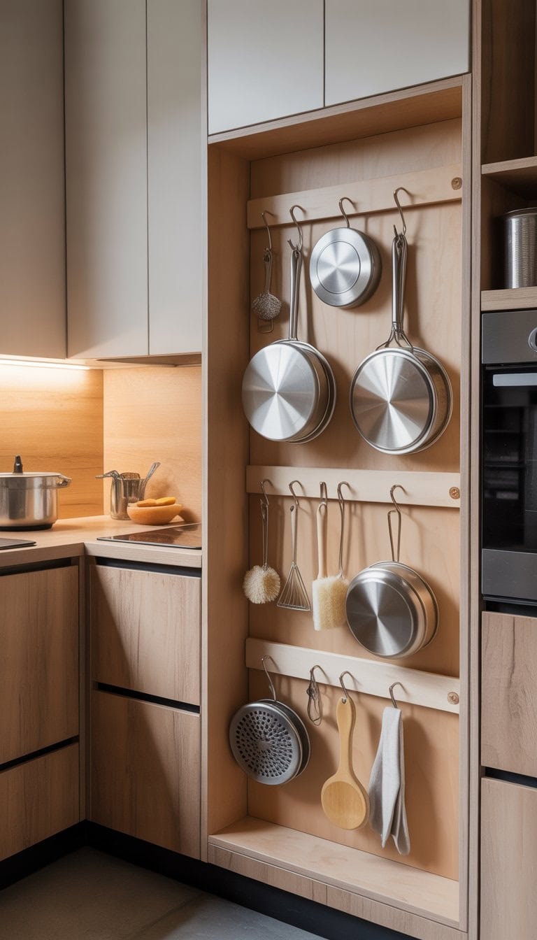 Inside of a kitchen cabinet door with hooks holding pot lids and cleaning tools in a small kitchen.