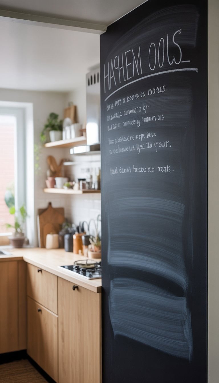 A small kitchen with one wall painted black chalkboard paint, featuring light wood cabinets, white countertops, and natural light coming through a window.